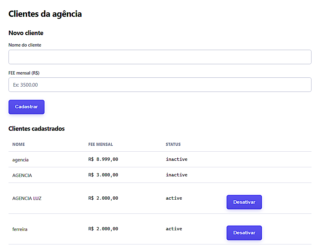 Tela real do FeeRadar para cadastrar um novo cliente, com campos de nome e fee mensal, e a lista de 4 clientes já cadastrados abaixo (agencia, AGENCIA, AGENCIA LUZ, ferreira).