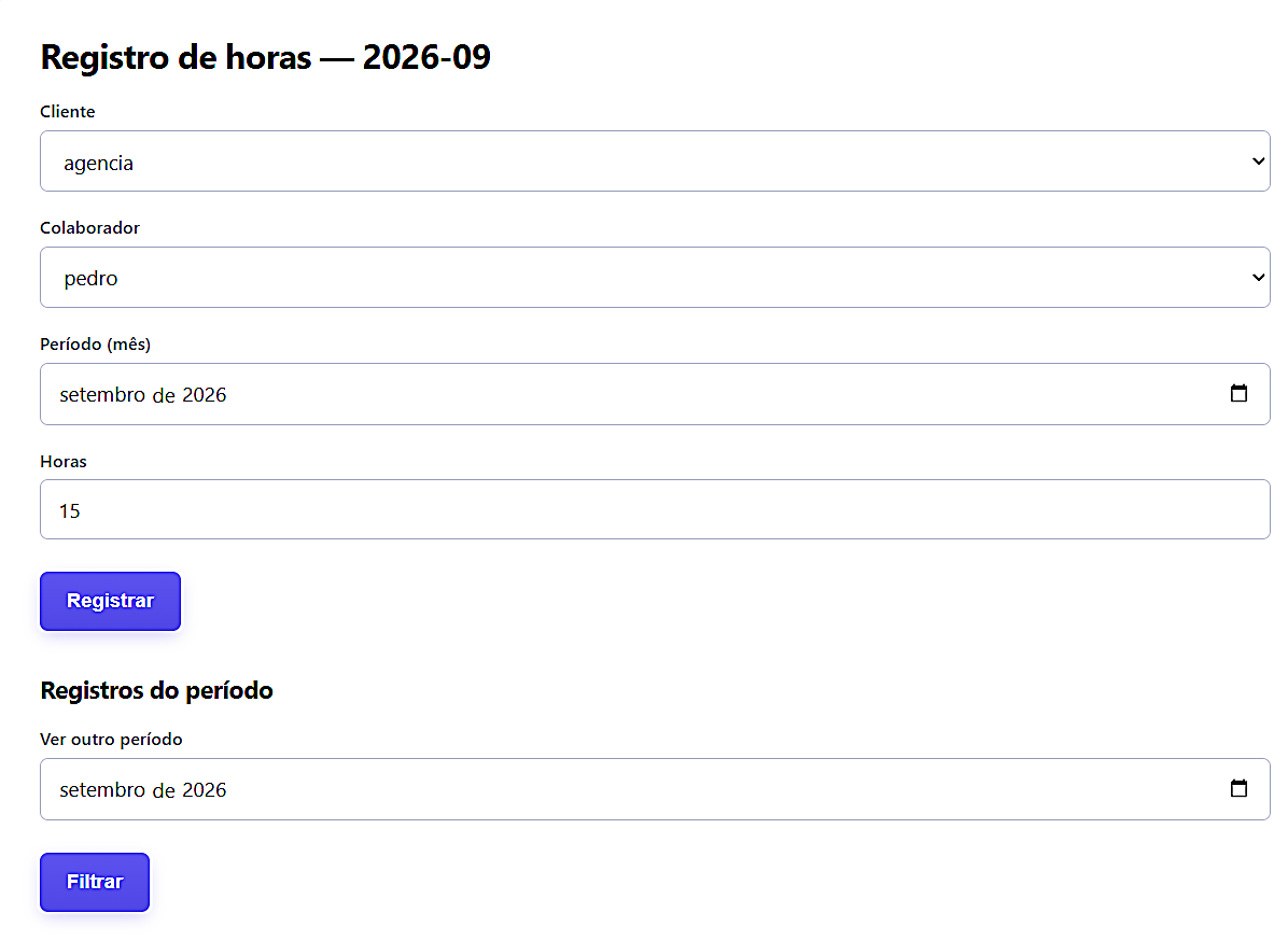 Tela real do FeeRadar mostrando um registro de horas preenchido: cliente, colaborador, período e 15 horas lançadas, com a lista de registros do período abaixo.